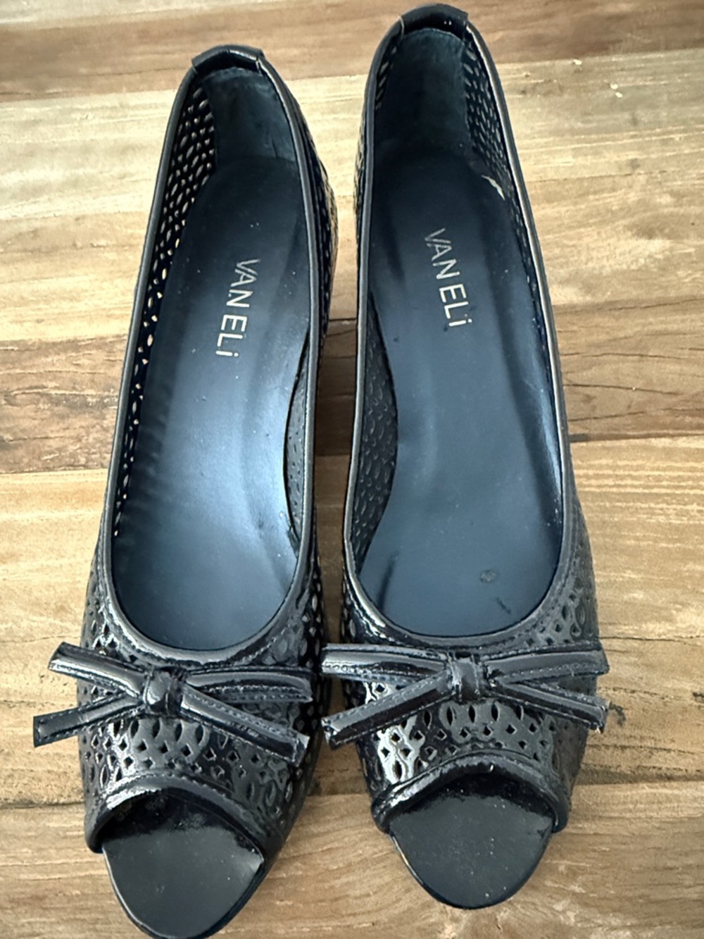 Vaneli Black Perforated Peep-Toe Flats with Bow